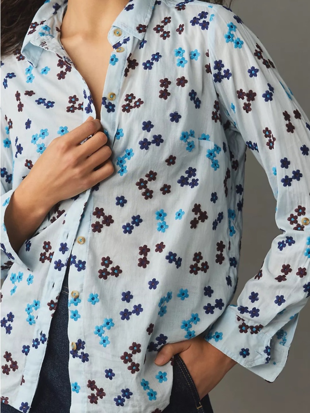 Maeve Sz XXS Floral Embroidered Buttondown Long Sleeve Cotton Blend Top Boho